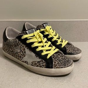 AUTH GOLDEN GOOSE WOMENS Superstar Leopard-Print Suede Court Sneakers, Size 38